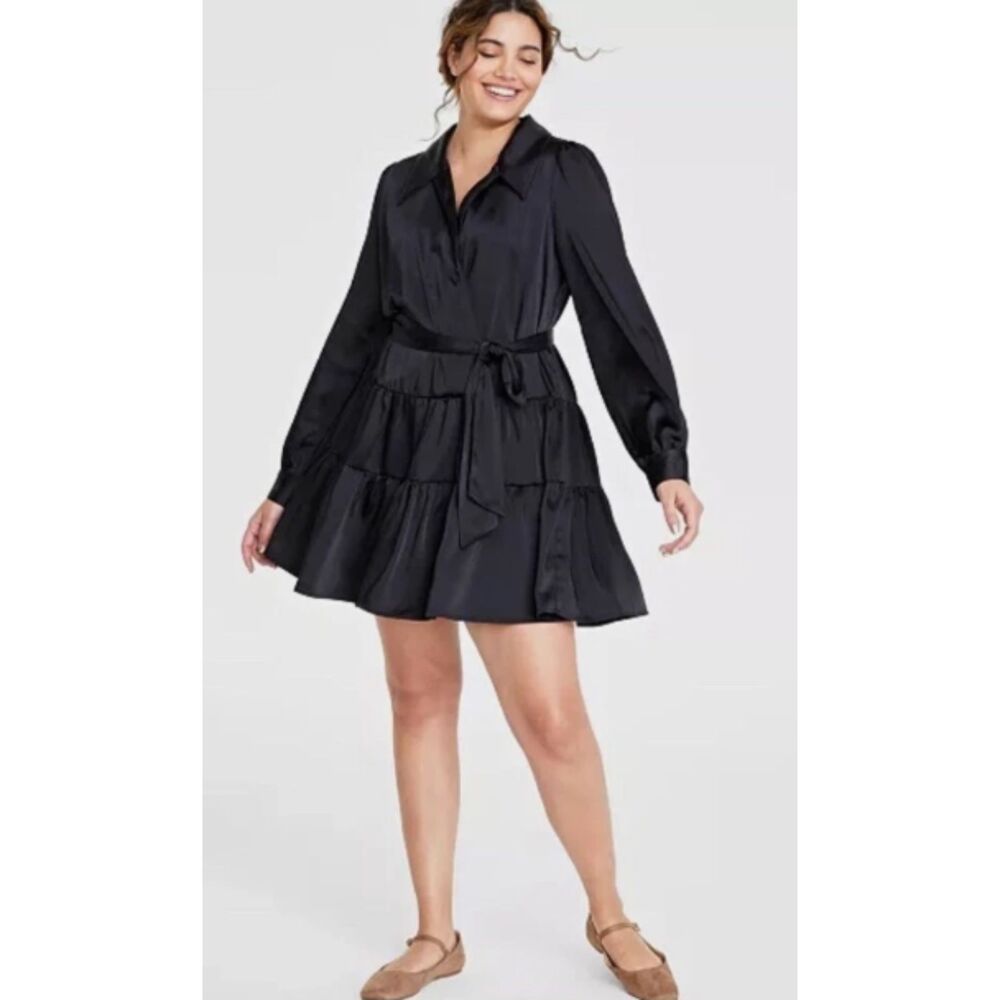 ON 34th Satin Tiered Mini Dress Black Women's Size Large NWT Party/Cocktail